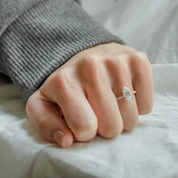 Beaded ball engagement ring with moissanite in long hexagon cut ELYSE Image