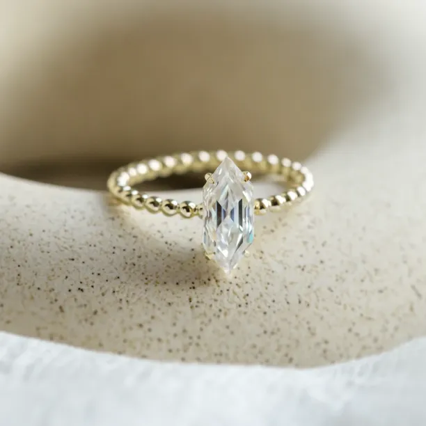 Beaded ball engagement ring with moissanite in long hexagon cut ELYSE Image
