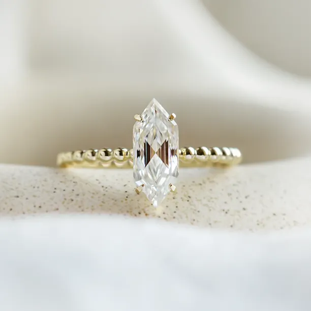 Beaded ball engagement ring with moissanite in long hexagon cut ELYSE Image