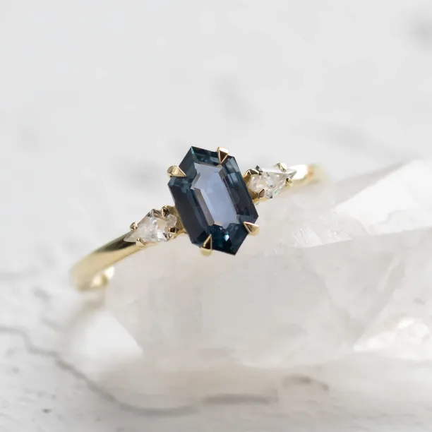 Engagement ring with hexagon teal sapphire and moissanites SLATE Image