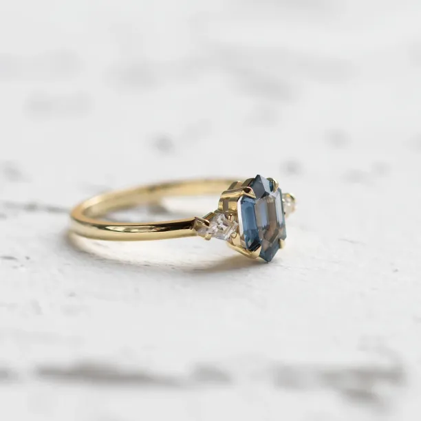 Engagement ring with hexagon teal sapphire and moissanites SLATE Image