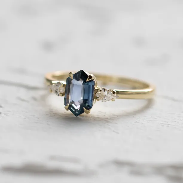 Engagement ring with hexagon teal sapphire and moissanites SLATE Image