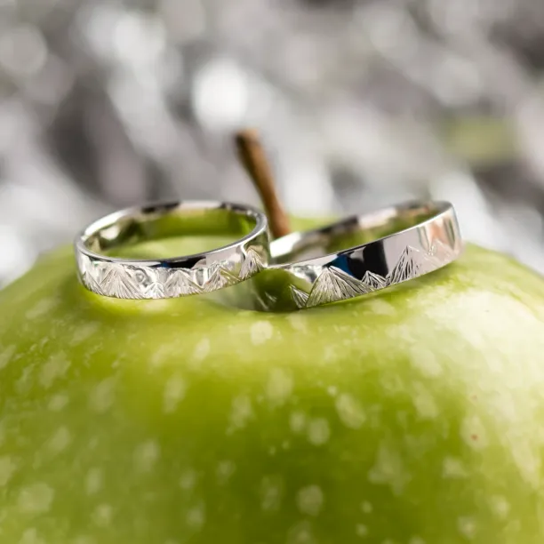 Wedding bands with mountains engraving and diamond HIKE Image
