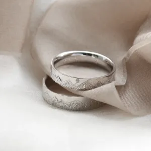 Wedding bands with mountains engraving and diamond HIKE Thumbnail