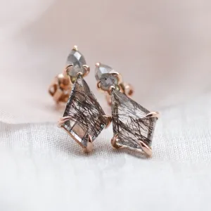 Gold rutilated quartz earrings with salt'n'pepper diamonds FIRENZE Thumbnail