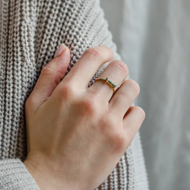 Gold ring with baguette moss agate and diamonds ELLETH Image