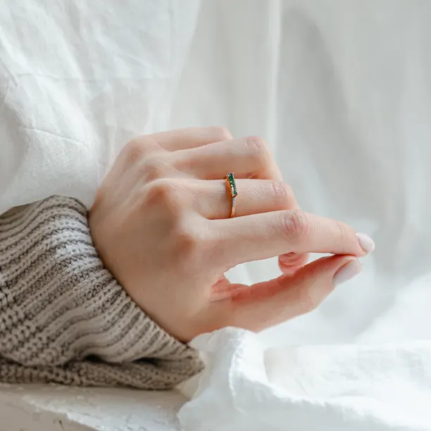 Gold ring with baguette moss agate and diamonds ELLETH Image