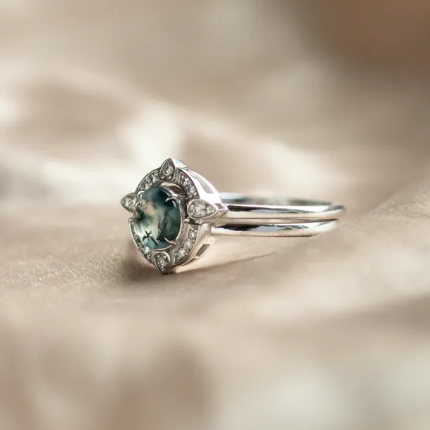 Moss agate and diamonds engagement ring set BRISTOL Image