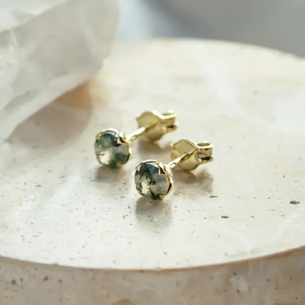Round gold stud earrings with moss agate RENE Image