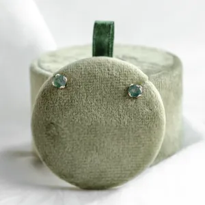 Round gold stud earrings with moss agate RENE Thumbnail