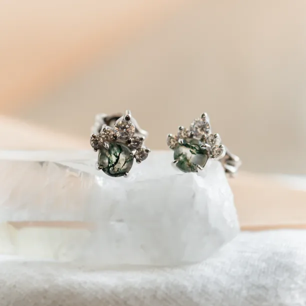 Gold earrings with moss agate and diamonds JASMINE Image