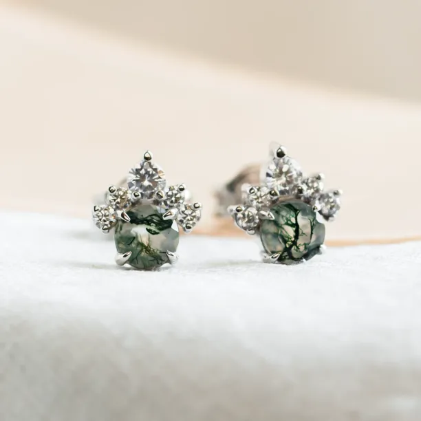 Gold earrings with moss agate and diamonds JASMINE Image