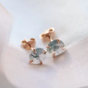 Gold stud earrings with moss agate REBECCA Thumbnail