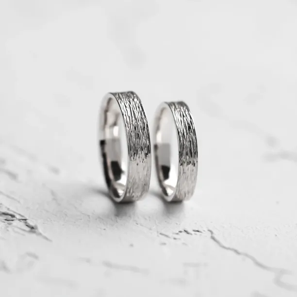 Platinum unusual wedding bands with woodbark surface BRANCHI Image
