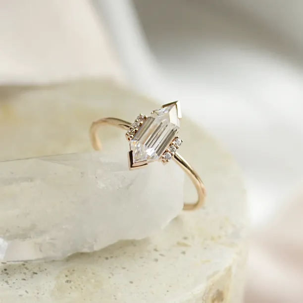 Luxury engagement ring with long hexagon cut moissanite and diamonds CAROL Image