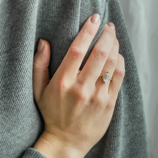Luxury engagement ring with long hexagon cut moissanite and diamonds CAROL Image
