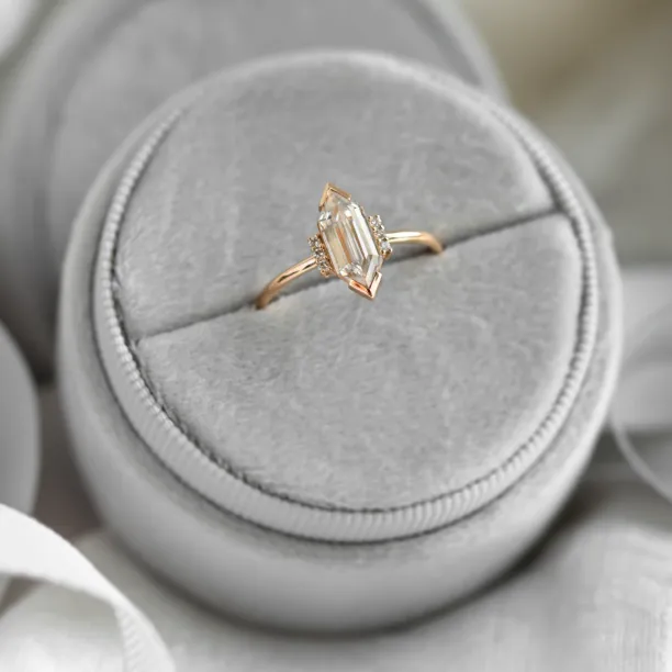 Luxury engagement ring with long hexagon cut moissanite and diamonds CAROL Image