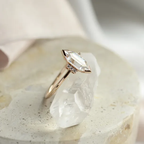 Luxury engagement ring with long hexagon cut moissanite and diamonds CAROL Image