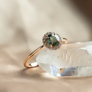 Diamond halo teal sapphire engagement ring SPARKLE Thumbnail