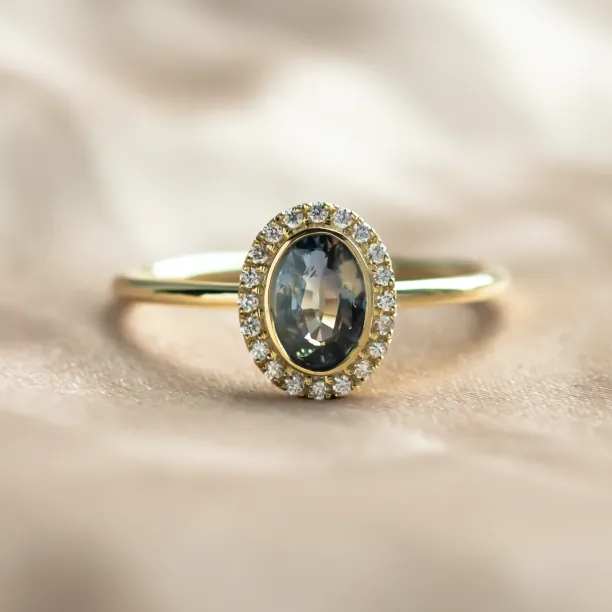Diamond halo teal sapphire engagement ring ZARITA Image