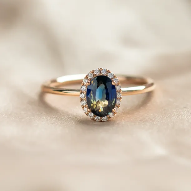 Halo teal sapphire &amp; diamond ring ZARIA Image