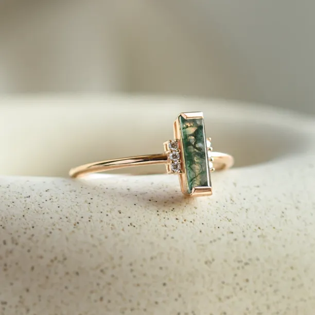 Unusual engagement ring with baguette moss agate and diamonds BRONTE Image