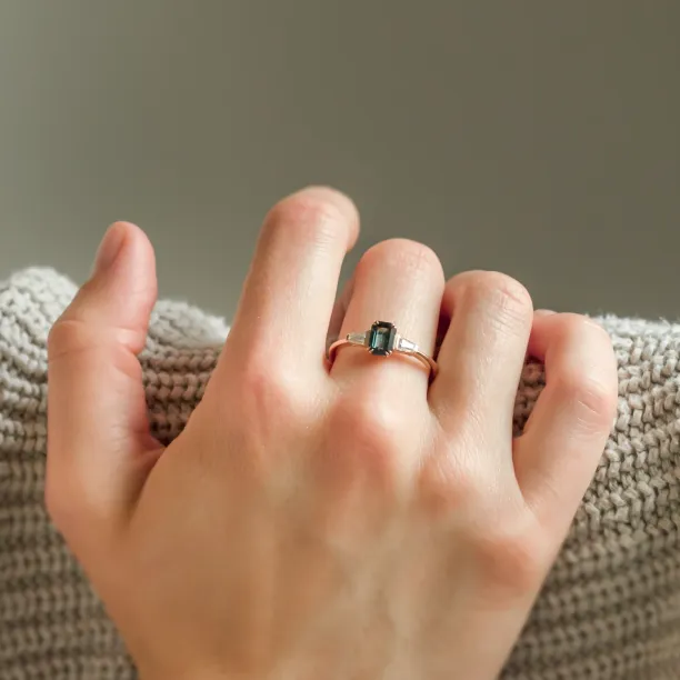 Estate emerald cut sapphire and baguette diamond ring JENNA Image