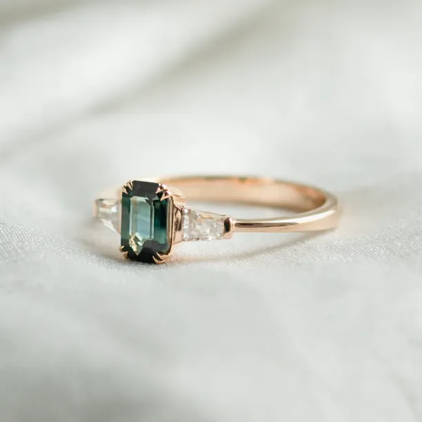 Estate emerald cut sapphire and baguette diamond ring JENNA Image