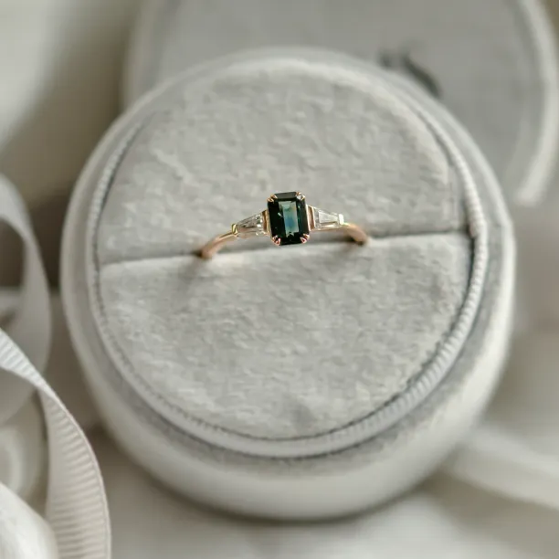 Estate emerald cut sapphire and baguette diamond ring JENNA Image