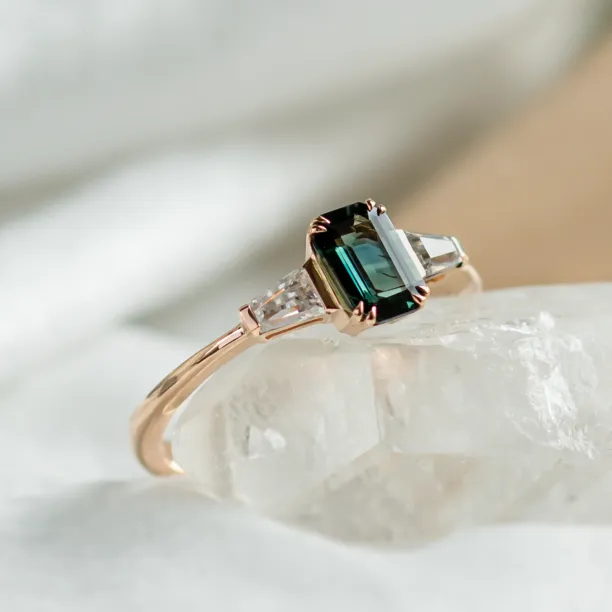 Estate emerald cut sapphire and baguette diamond ring JENNA Image