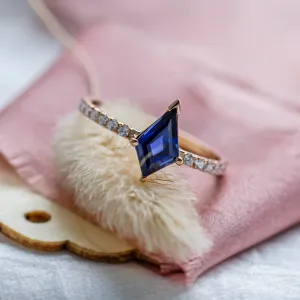Gold ring with blue lab grown sapphire and moissanites ZEPHYR Thumbnail