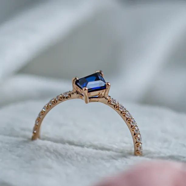 Gold ring with blue lab grown sapphire and moissanites ZEPHYR Image