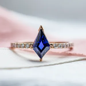 Gold ring with blue lab grown sapphire and moissanites ZEPHYR