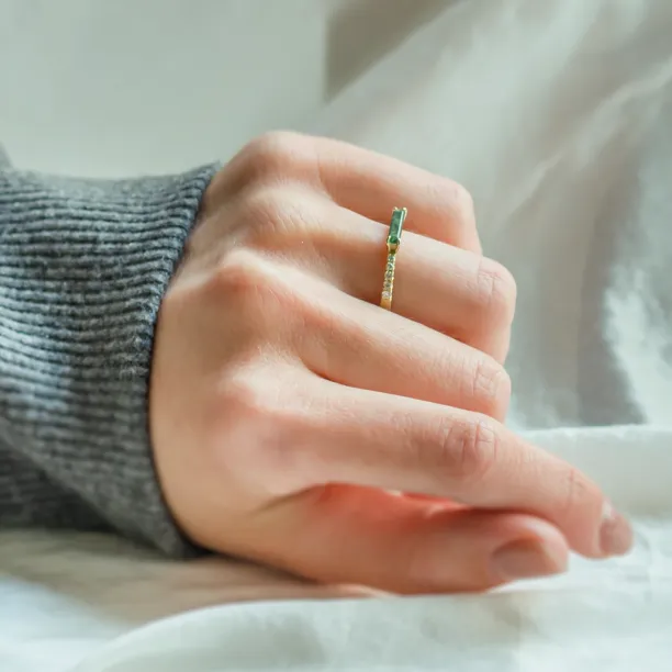 Unusual engagement ring with baguette moss agate and diamonds MILA Image