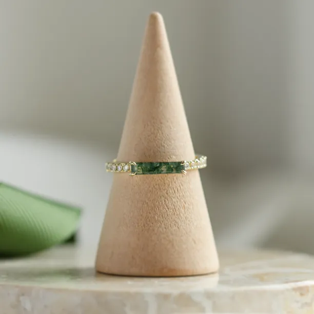 Unusual engagement ring with baguette moss agate and diamonds MILA Image