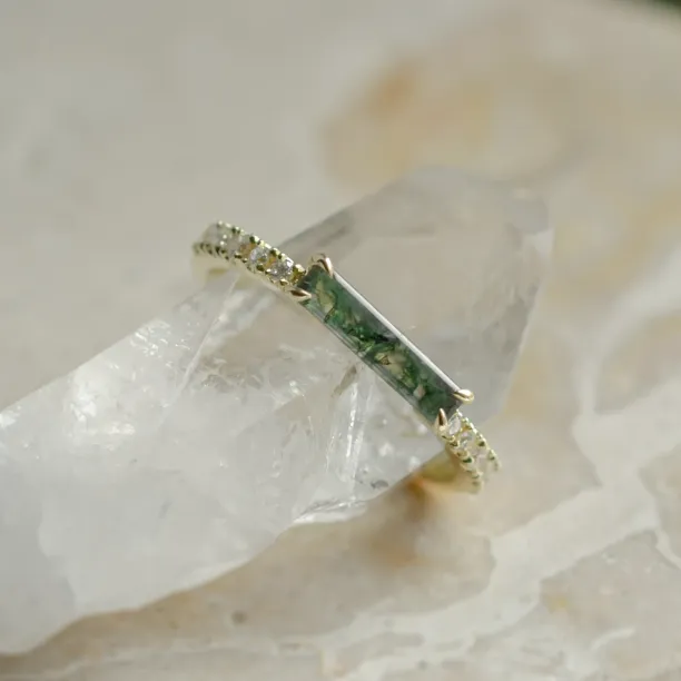 Unusual engagement ring with baguette moss agate and diamonds MILA Image