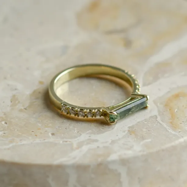 Unusual engagement ring with baguette moss agate and diamonds MILA Image
