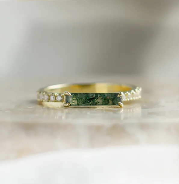 Unusual engagement ring with baguette moss agate and diamonds MILA Image
