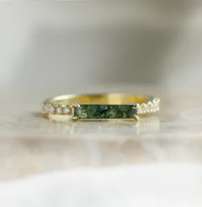 Unusual engagement ring with baguette moss agate and diamonds MILA