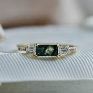 Ring in art deco style with moss agate and moissanites DINETH Thumbnail