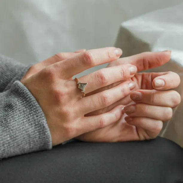 Unusual engagement ring with kite salt and pepper diamond and side diamonds KAREN Image