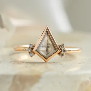 Unusual engagement ring with kite salt and pepper diamond and side diamonds KAREN