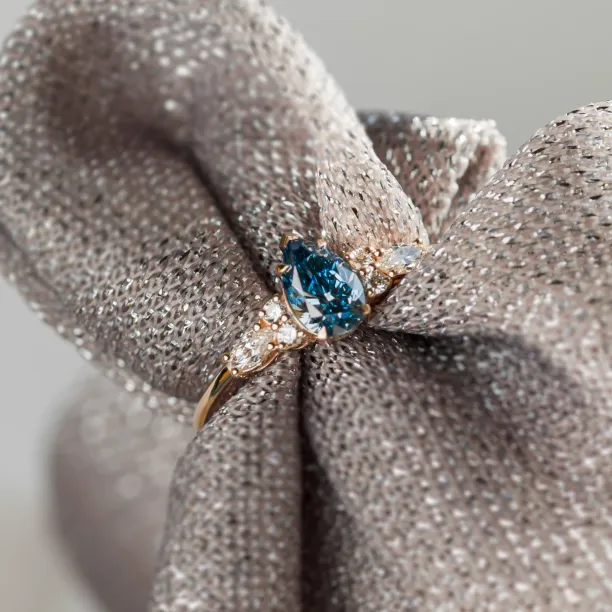Gold ring with pear blue lab grown diamond and side diamonds AZURE Image
