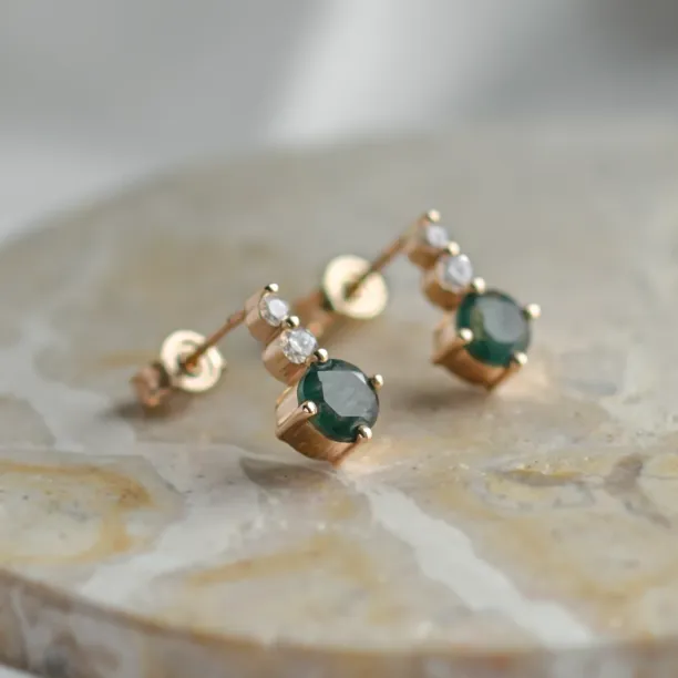 Simple gold earrings with moss agates and diamonds LILIBET Image