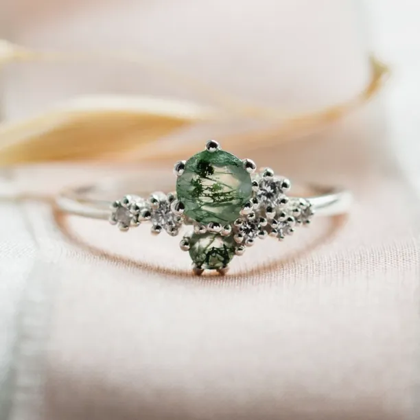 Cluster ring with moss agate and diamonds FANTASY Image
