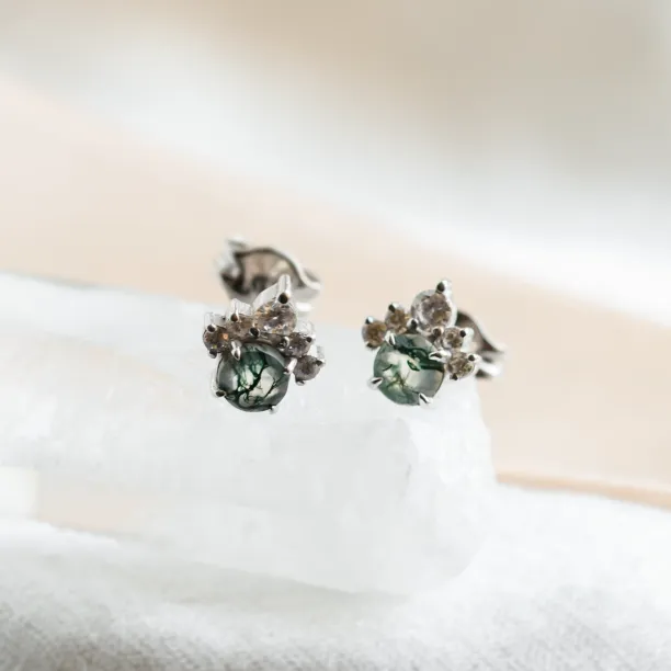Gold earrings with moss agate and diamonds JASMINE Image