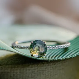 Gold engagement ring with moss agate and moissanites ARWEN Thumbnail