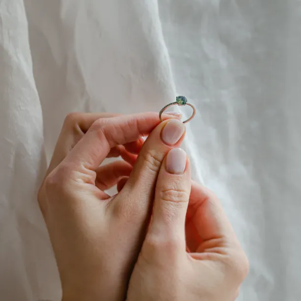 Gold engagement ring with moss agate and moissanites ARWEN Image
