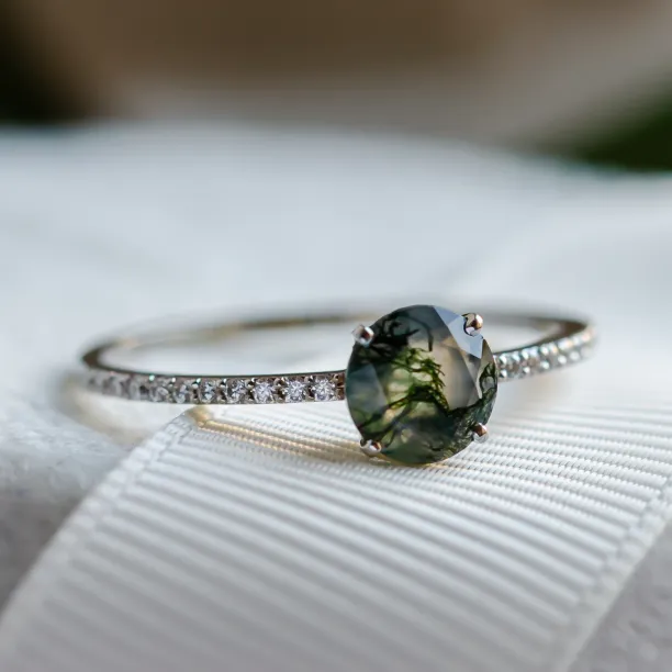 Gold engagement ring with moss agate and moissanites ARWEN Image