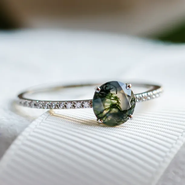 Gold engagement ring with moss agate and moissanites ARWEN Image
